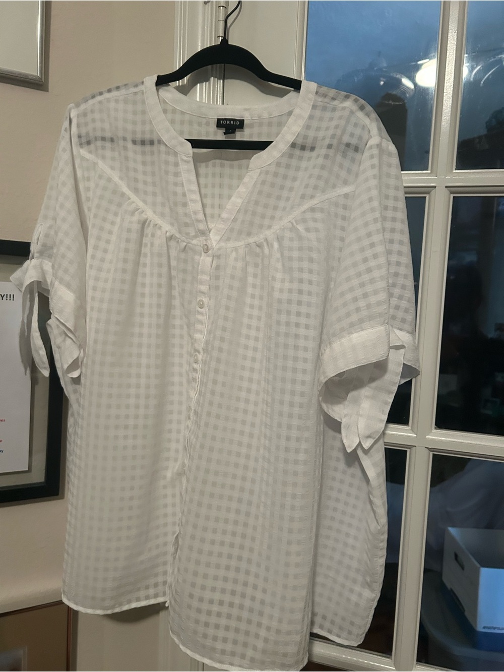 Torrid White Checked Short-Sleeve Shirt with ties on sleeves
